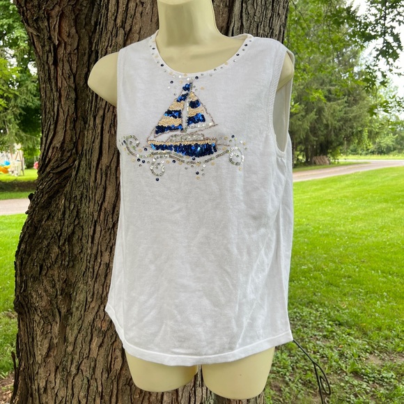 Quacker Factory white sailboat tank top bling Small - Picture 1 of 3